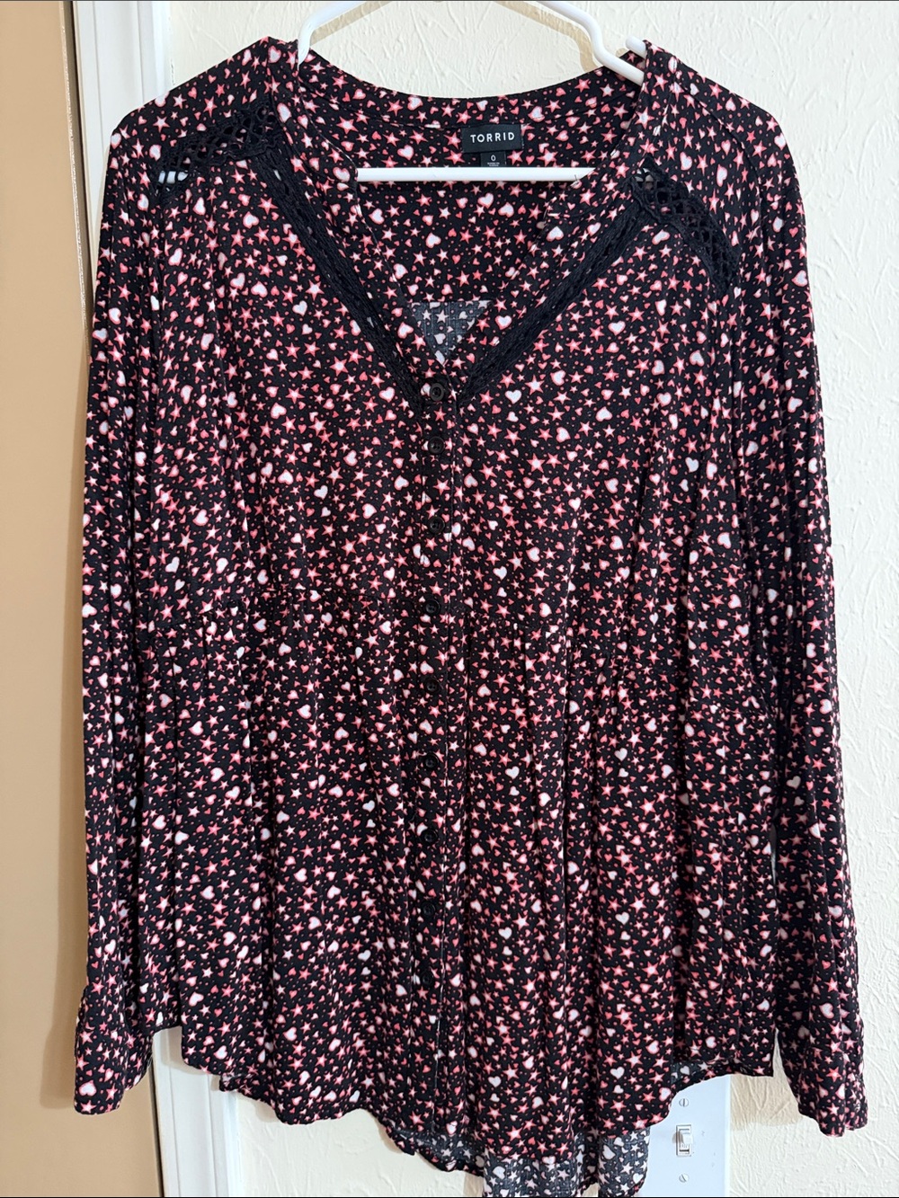torrid Black Button-Front Long Sleeve Top with Pink Star Print